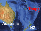 Tonga's location in reference to Australia and New Zealand